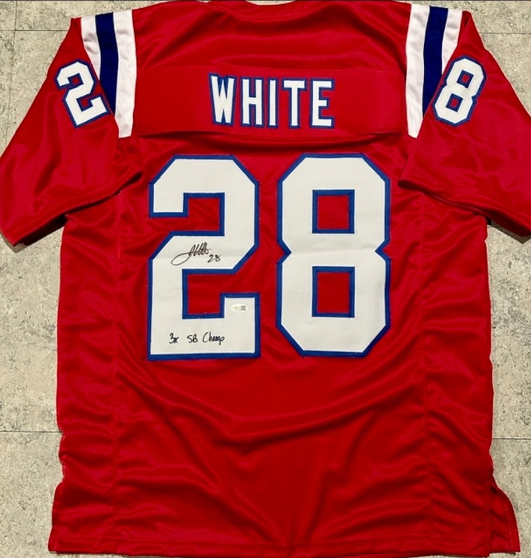 James White New England Patriots Autographed & Inscr Custom Football Jersey JSA HOLOGRAM: James White New England Patriots Autographed & Inscribed "3x SB Champ" Football Style Jersey JSA Witnessed QR HOLOGRAM (THERE IS NO COA CARDS WITH QR CODE HOLGRAMS - SCAN QR CODE WITH CAMERA TO VERIFY