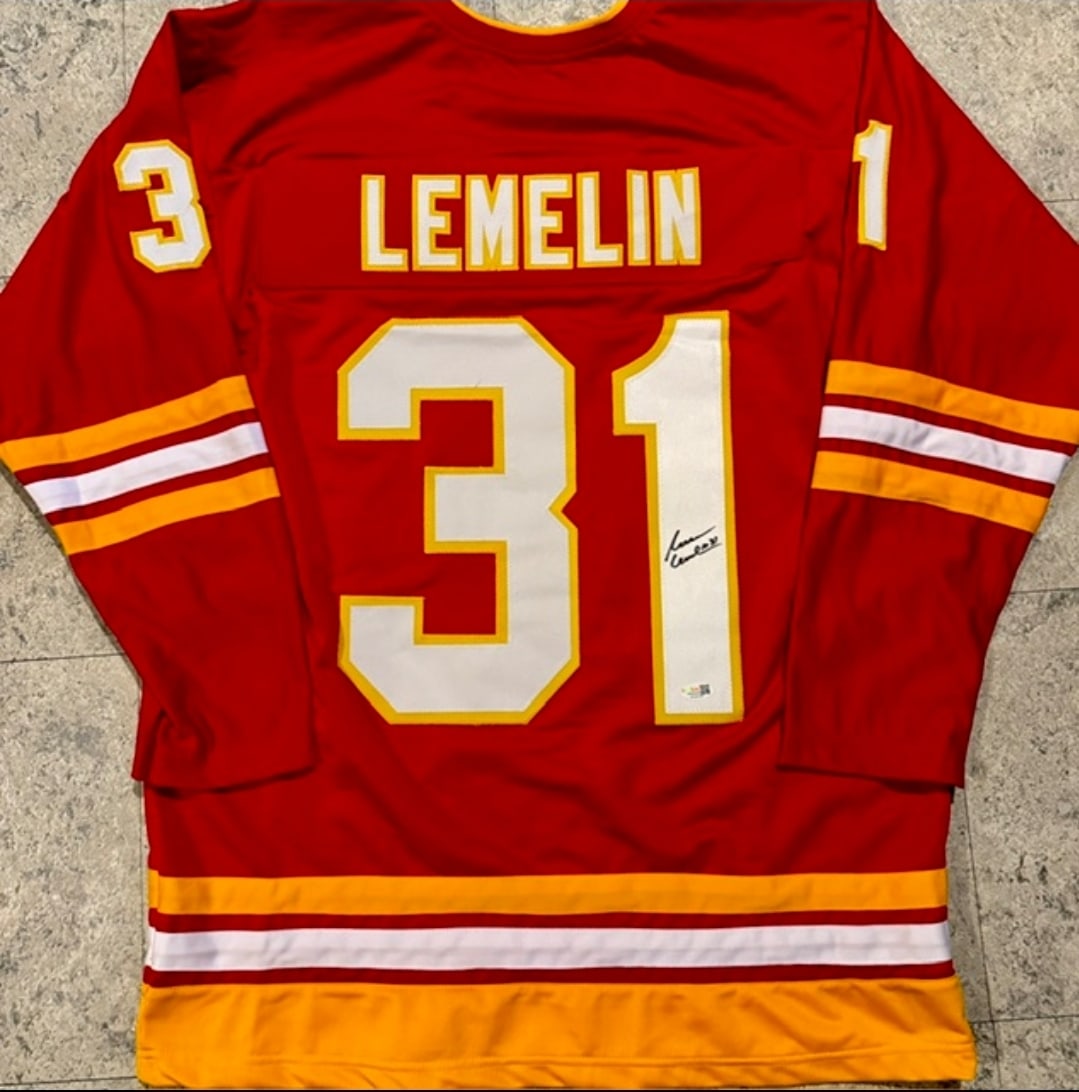 Reggie Lemelin Calgary Flames Autographed Custom Hockey Jersey JSA Hologram: Reggie Lemelin Calgary Flames Autographed Custom Hockey Jersey JSA Witnessed QR HOLOGRAM (THERE IS NO COA CARDS WITH QR CODE HOLGRAMS - SCAN QR CODE WITH CAMERA TO VERIFY AUTHENTICITY) - Autograph