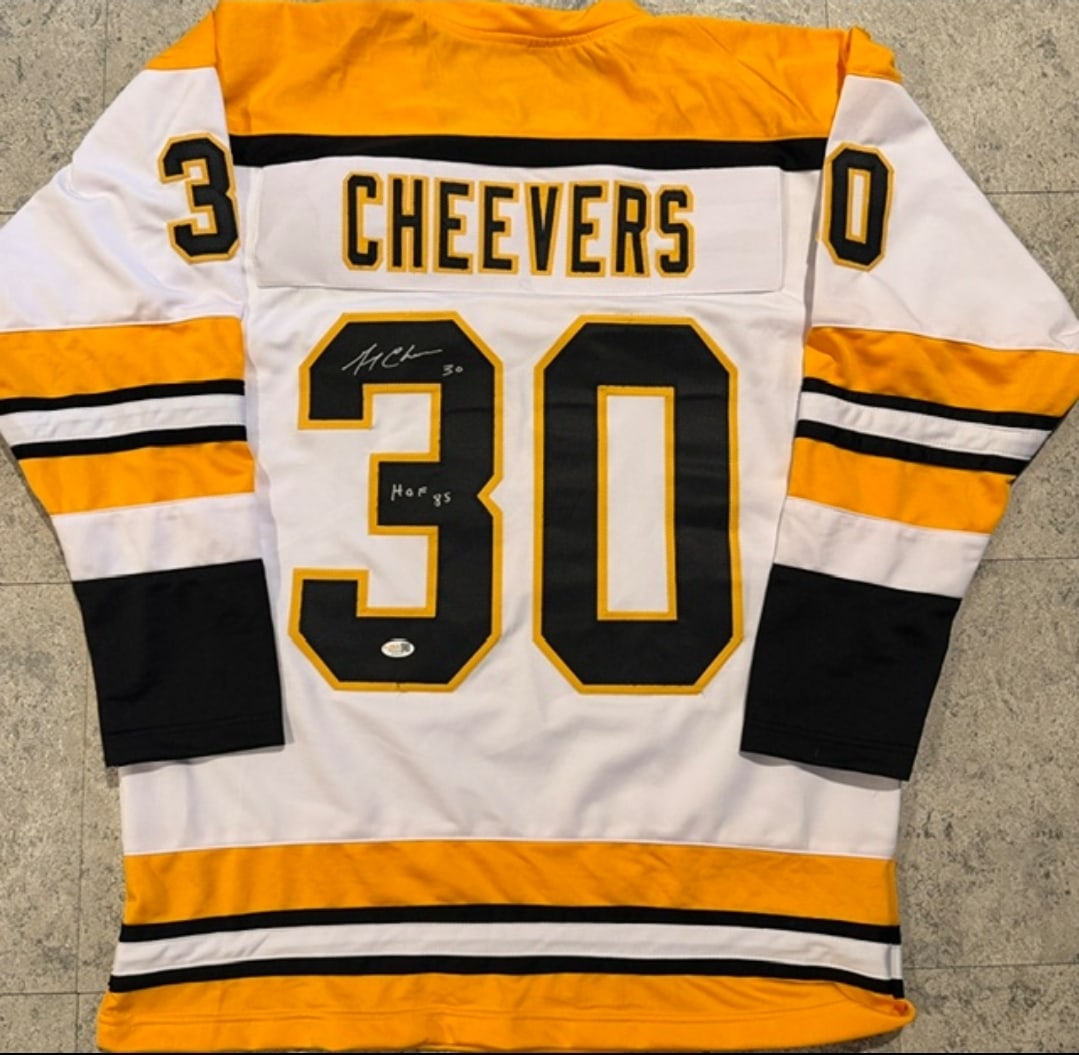 Gerry Cheevers Boston Bruins Autographed & Insc Custom Hockey Jersey JSA Hologram: Gerry Cheevers Boston Bruins Autographed & Inscribed "HOF 85" Custom Hockey Style Jersey JSA Witnessed QR HOLOGRAM (THERE IS NO COA CARDS WITH QR CODE HOLGRAMS - SCAN QR CODE WITH CAMERA TO VERIFY AUT