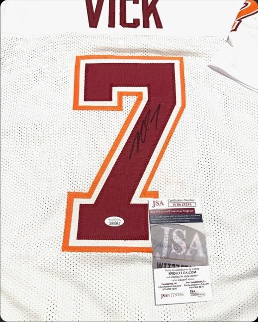 Michael Vick Virginia Tech Hokies Autographed Custom Football Jersey JSA coa: Michael Vick Virginia Tech Hokies Autographed Custom Football Style Jersey w/JSA Witnessed coa - Autograph Location & coa # may vary JERSEY SIZE EXTRA LARGE - CUSTOM JERSEY MEANS NO LOGOS, NO TEAM