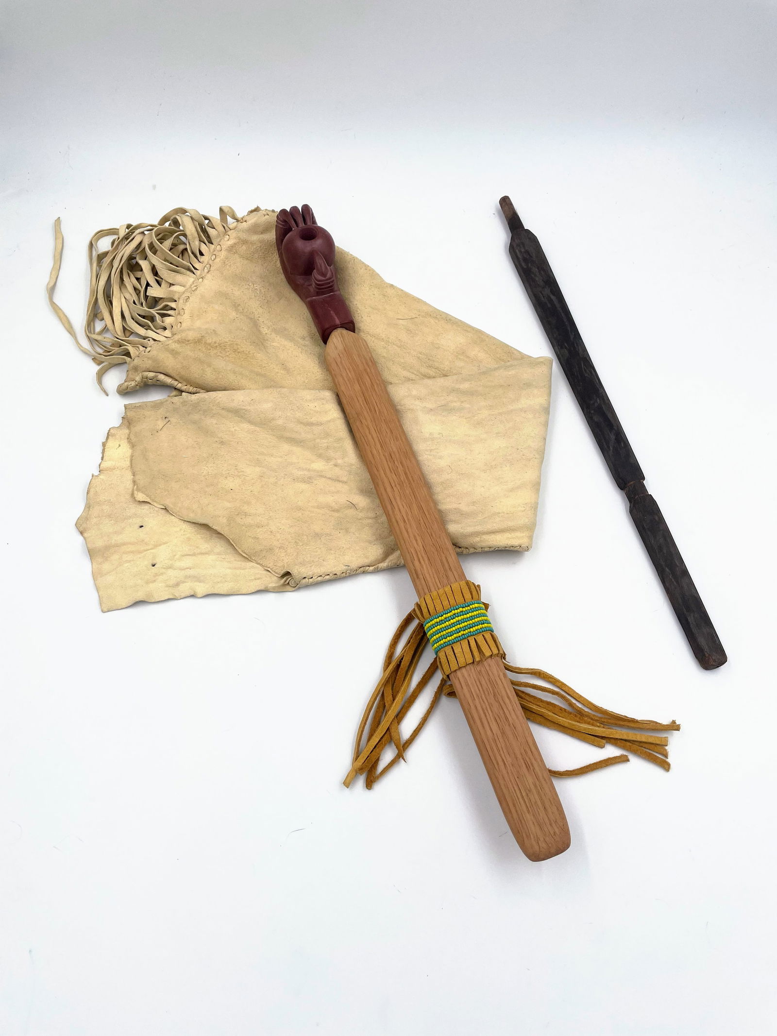 Catlinite Pipe Bowl, Two Pipe Stems, and a Pipe Bag (1 of 4)