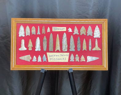 Frame of Dalton Points from Missouri: A well-curated selection of Dalton points from Missouri, attractively arranged against a bold red background and framed in wood. These varied forms showcase fluting, fine edge work, and classic early
