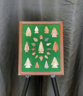 Frame of Arrowheads #1: A visually engaging display of assorted stone points, each carefully arranged within a frame. Featuring a variety of shapes, materials, and flaking styles, this collection highlights a broad spectrum