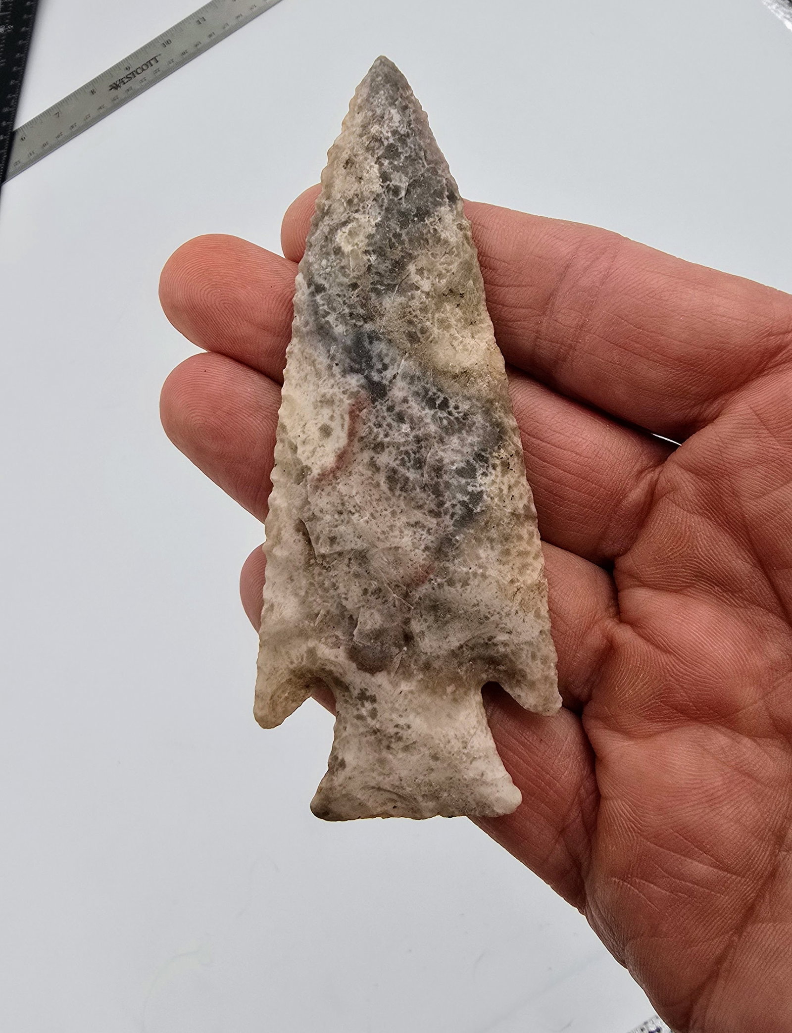 Hardin: A robust and beautifully patterned Hardin point, crafted from multi-colored chert with a marbled appearance and natural inclusions. This artifact features wide shoulders, well-defined barbs, and a cla