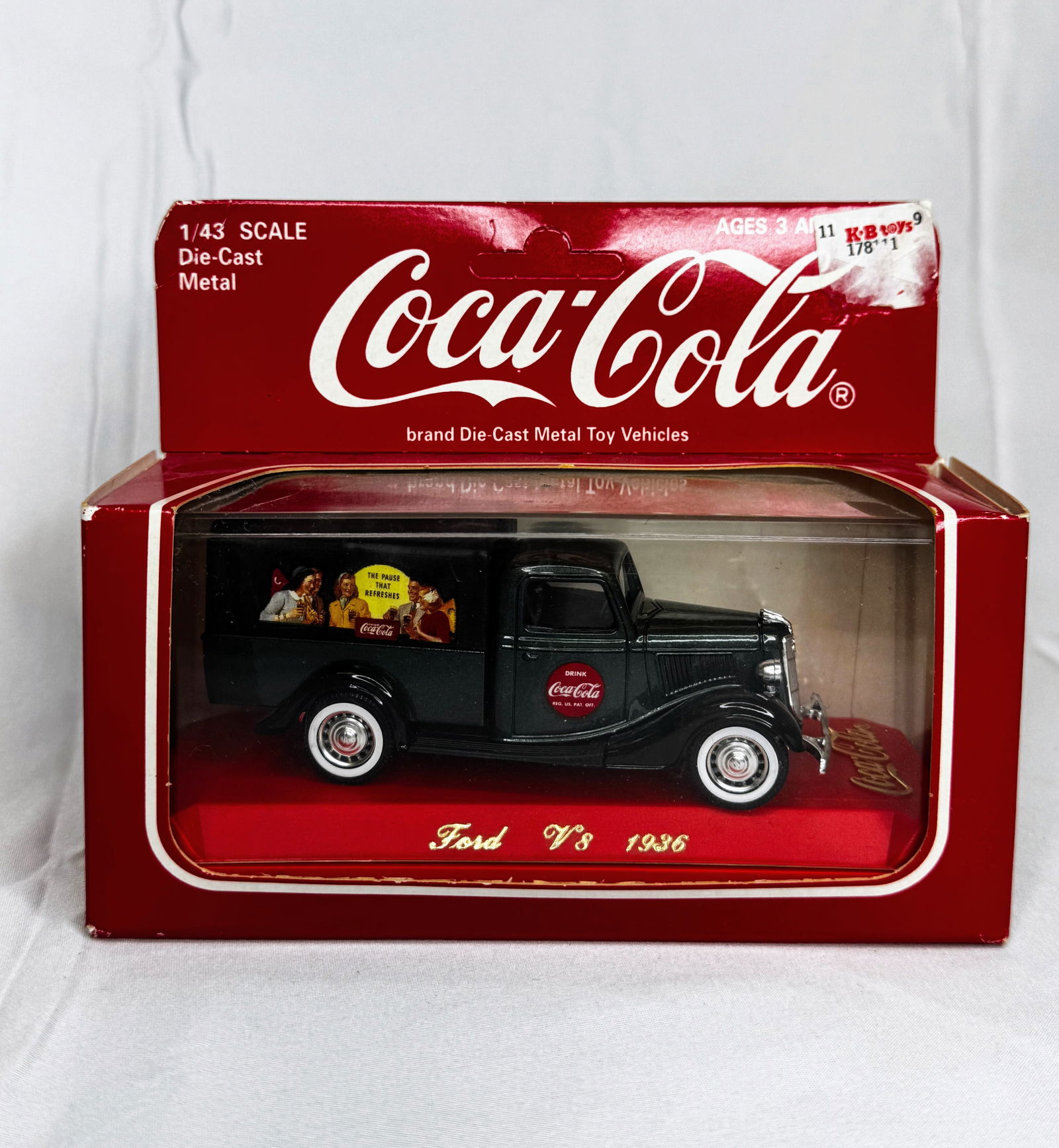 1998 Coca-Cola Ford V8, 1/43 scale, made in France: Up for auction is a 1998 1:43 scale die-cast model of the Ford V8 featuring Coca-Cola branding, made in France. This collectible showcases detailed craftsmanship with period styling and authentic logo
