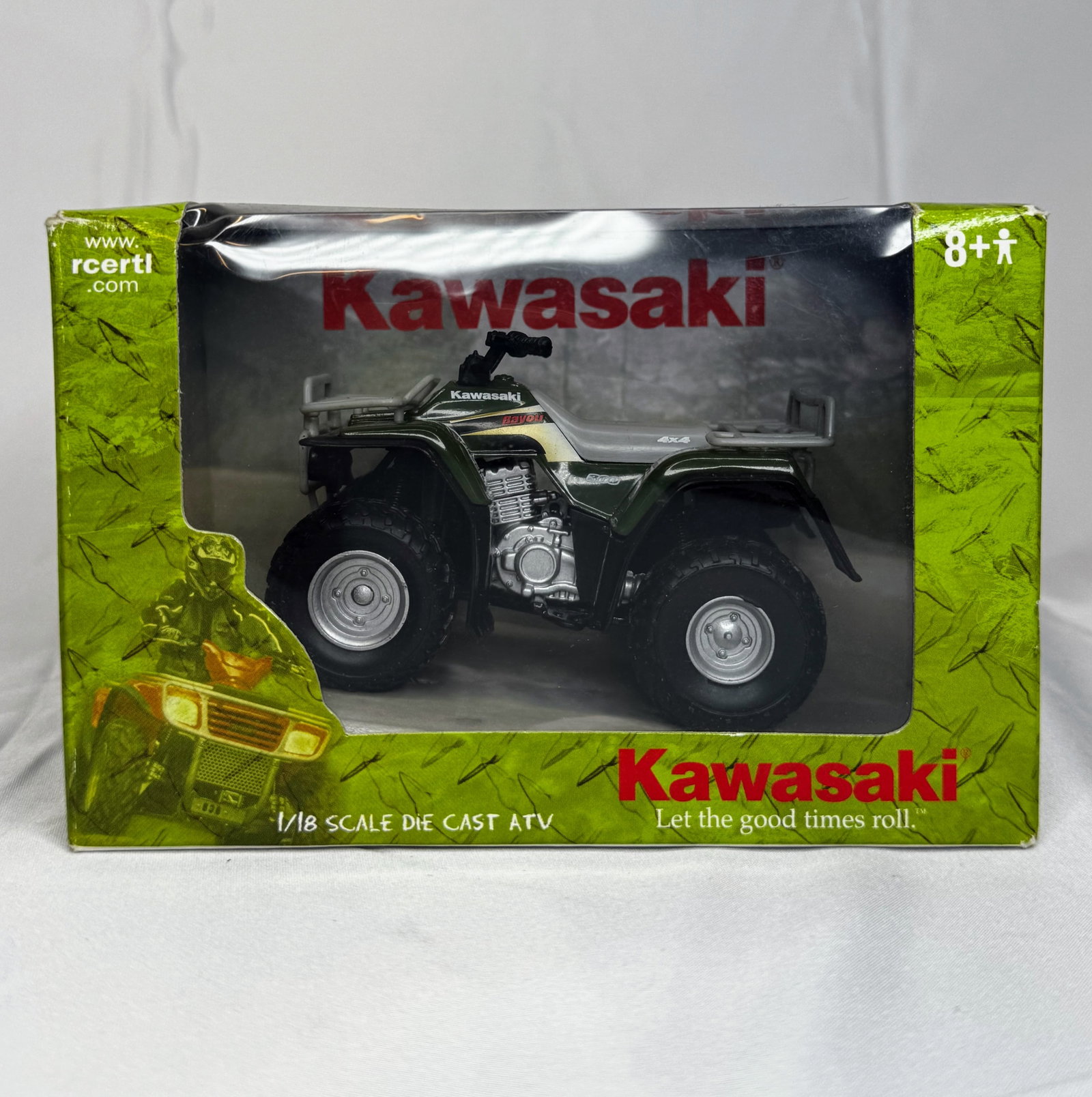 2002 ERTL Collectibles Outdoor Sportsman Kawasaki Bayou ATV, 1/18 scale: 2002 ERTL Collectibles Outdoor Sportsman Kawasaki Bayou ATV in 1/18 scale. Accurately detailed with rugged styling and outdoor utility design, ideal for ATV and outdoor adventure model collectors. Bra