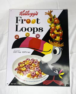 2006 Sign of the Times Froot Loops Metal Poster: 2006 Sign of the Times Froot Loops Metal Poster. This officially licensed tin sign features vibrant retro artwork of Toucan Sam from a classic 1963 ad. Measures approximately 12" x 16". Light wear fro