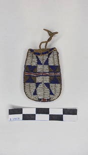 Sioux Beaded Bag - pre 1900: Sioux beaded bag, pre-1900, finely executed with blue and white geometric beadwork.reference: native american, indian artifact, arrowhead, paleo, clovis, dalton, beadwork.Dimensions 3.5x4