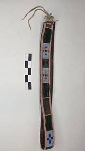 Crow Beaded Belt - pre 1900: Leather belt featuring intricate Crow beadwork in soft pink, blue, and green, arranged in repeating geometric motifs.reference: native american, indian artifact, arrowhead, paleo, clovis, dalton, bead
