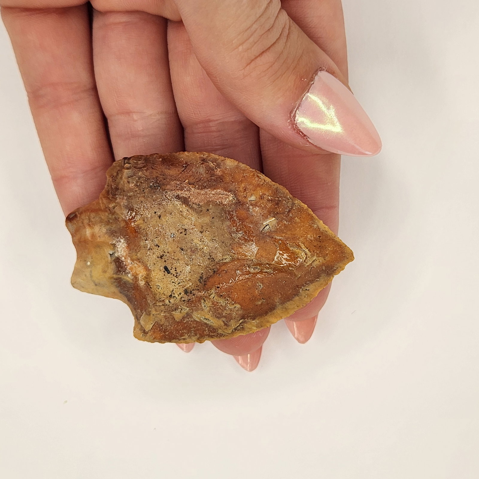 Johnson: Heavily weathered Johnson point exhibiting light surface pitting and a rounded base, with notching still visible beneath patina.reference: native american, indian artifact, arrowhead, paleo, clovis, d