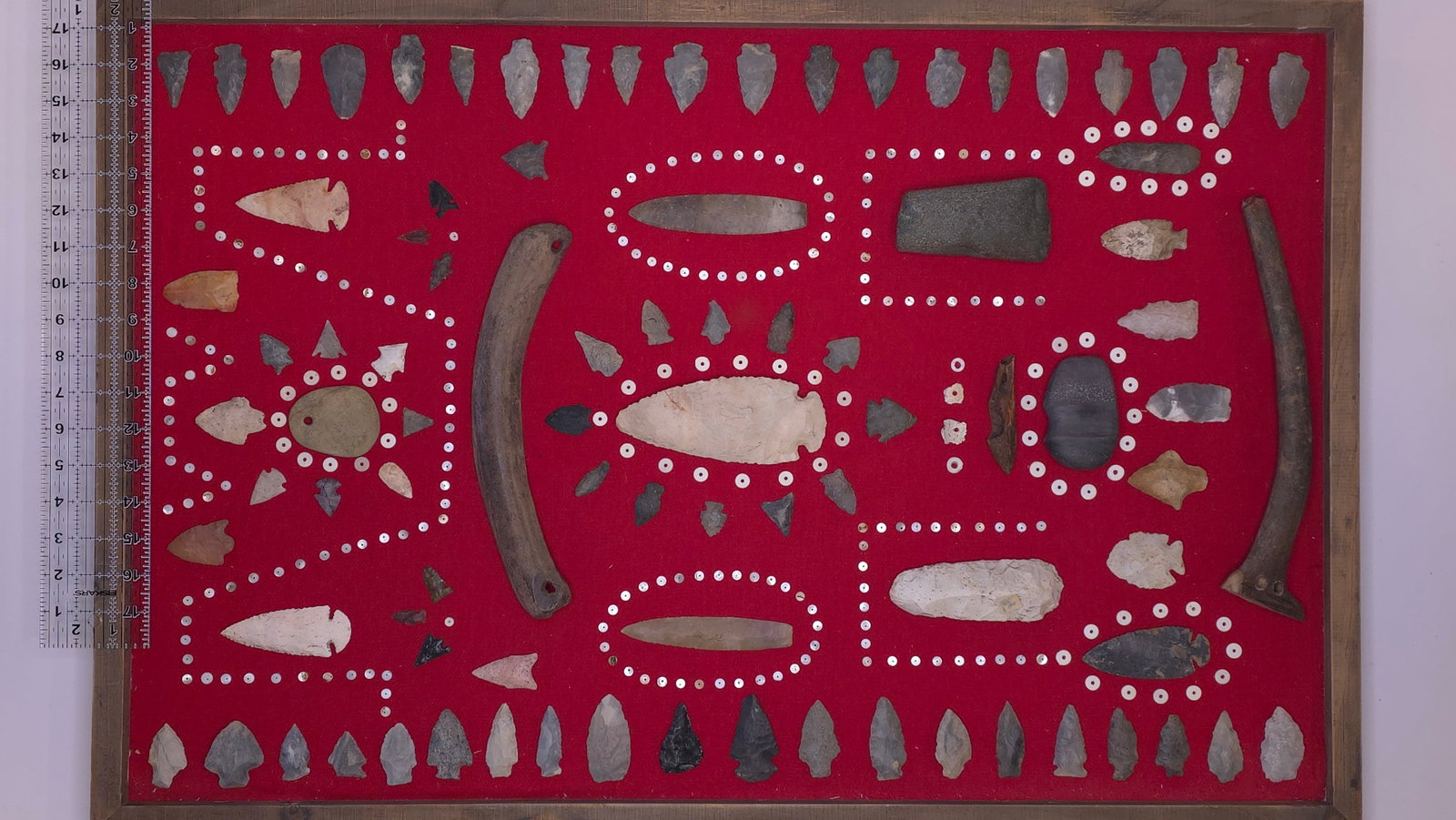 Large Frame of Points/Artifacts #10 (mix of old and modern): A large red-backed display with artifacts including points, celts, bone pieces, and stone tools highlighted with white markers. Reference: native american, indian artifact, arrowhead, paleo, clovis, d