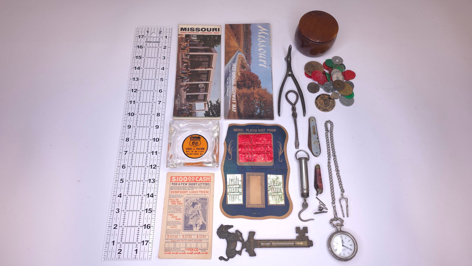 Box of Misc Items (Vintage Pocket Knives, Vintage Decorative Thermometer/Key, Pocket Watch, Sales (1 of 1)