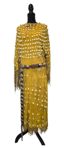 Comanche Yellow Ochre Dress w/Cowrie Shells and Belt w/Drop, 1880s (1 of 7)