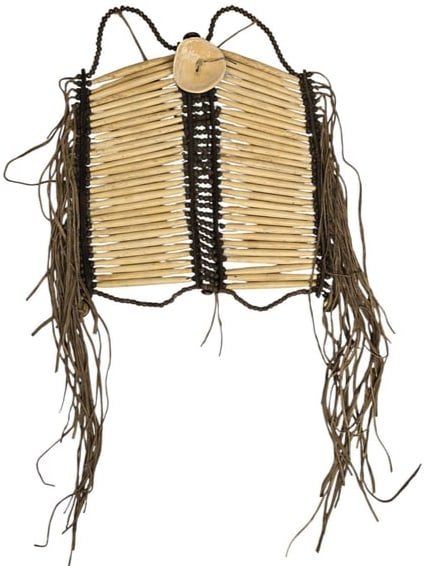 Bone Hairpipe Breastplate, pre-1900: Breastplate composed of long bone hairpipes, spaced with dark bead separators, and finished with long hide fringe, accented with a central shell ornament. Reference: historic native american, sioux, c