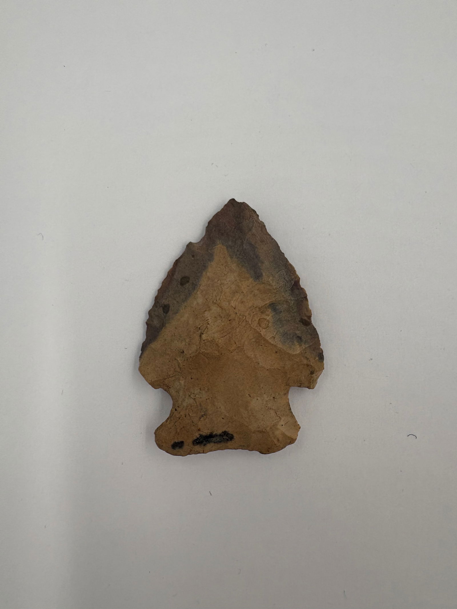 Beveled Hardin - 1 7/8in: Beveled Hardin-point flint projectile measuring 1 7/8 inches. Brown and tan chert displays a darker exterior patina with lighter interior tones and visible flake scars across both faces. Triangular bl