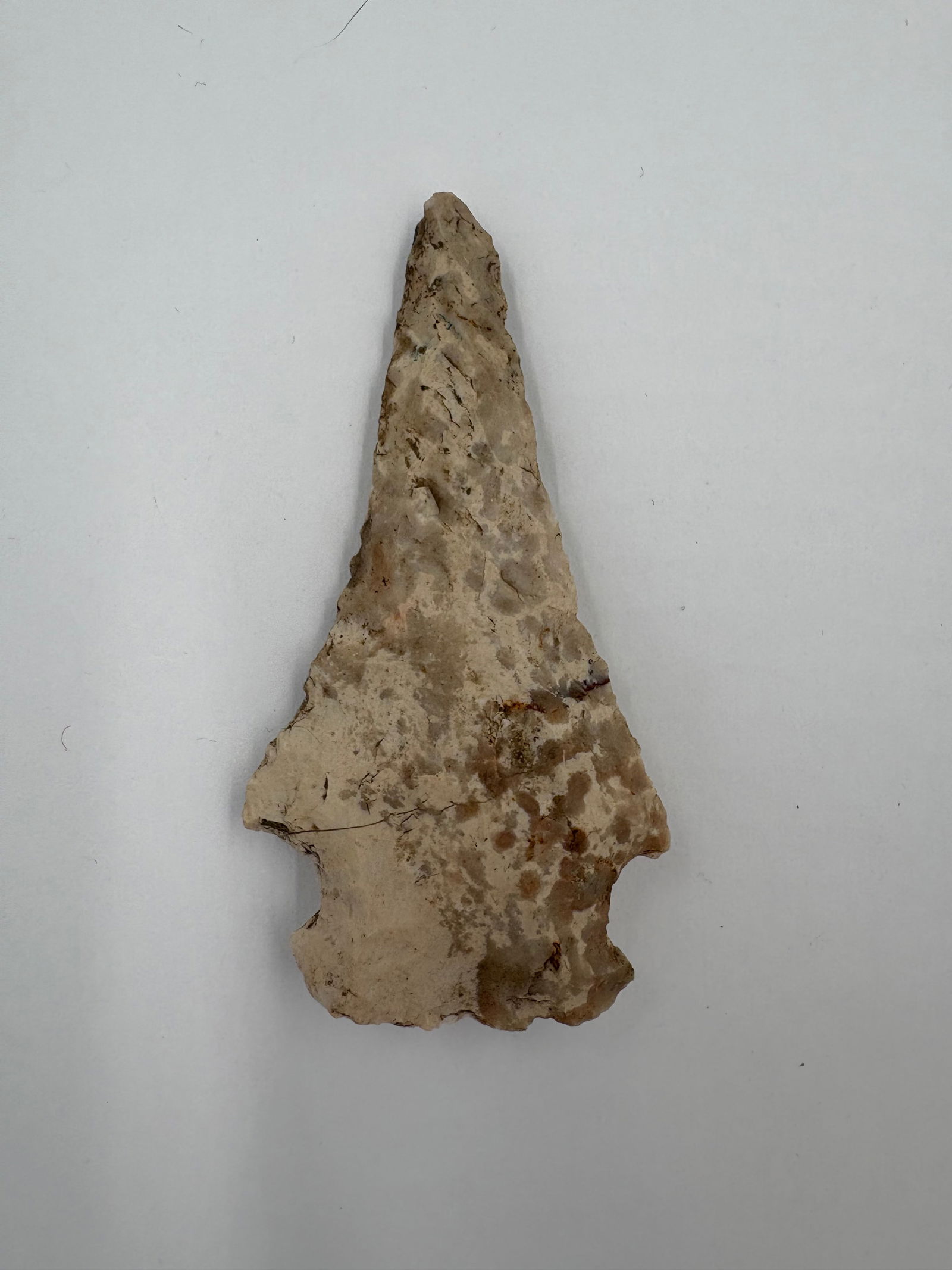 Rice Lobed Point - 3 1/8in: Rice-style lobed projectile point measuring 3 1/8 inches long. Light tan chert with beige and brown patina, featuring pronounced beveling along the edges and a lobed base with distinct notches.