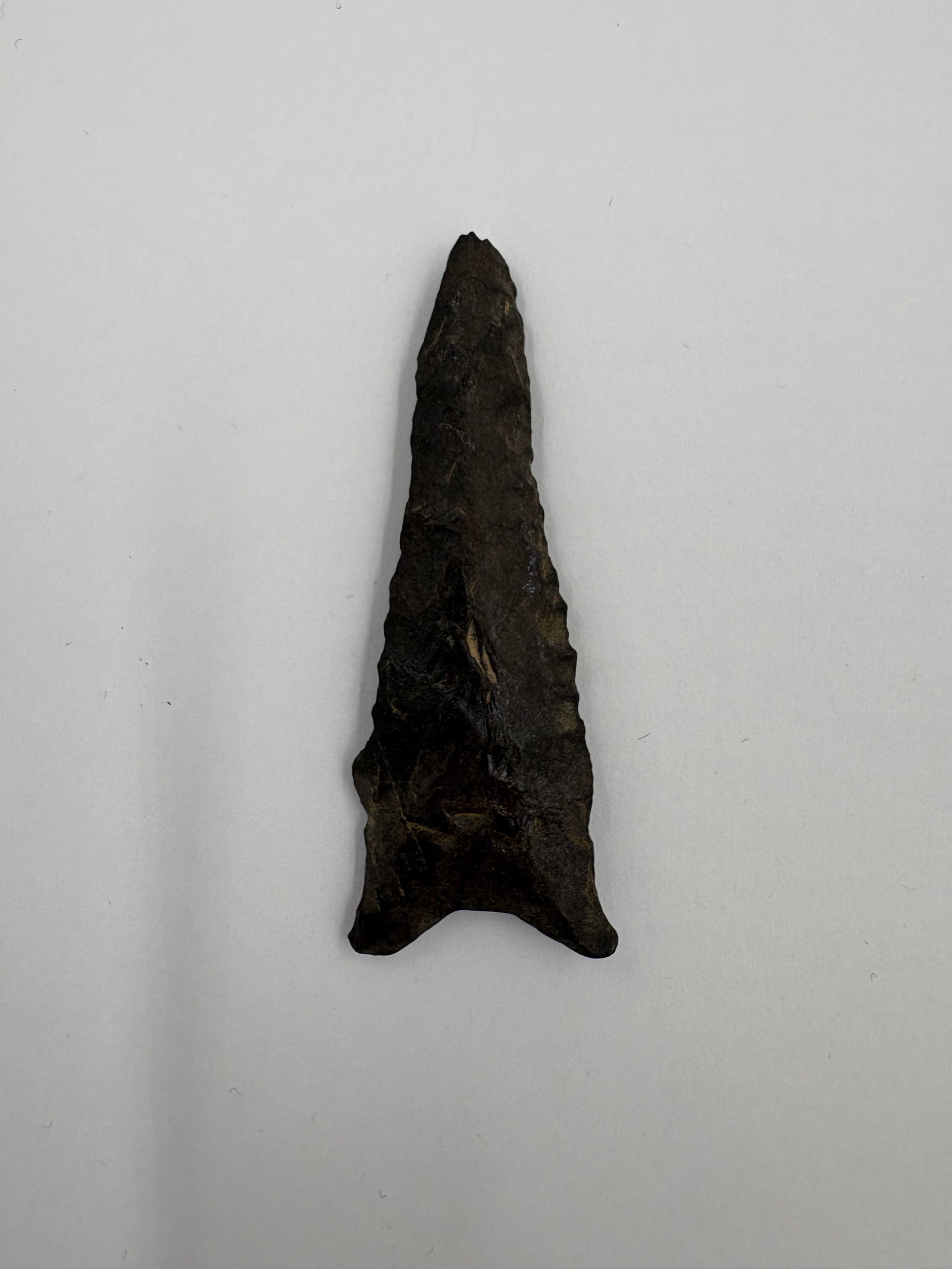 Dalton: Dark flaked stone projectile point measuring 2 1/4 in. Narrow, elongated blade tapers to a pointed tip with bifacial flaking and pronounced flake scars. Basal shoulders flare into small projecting ear