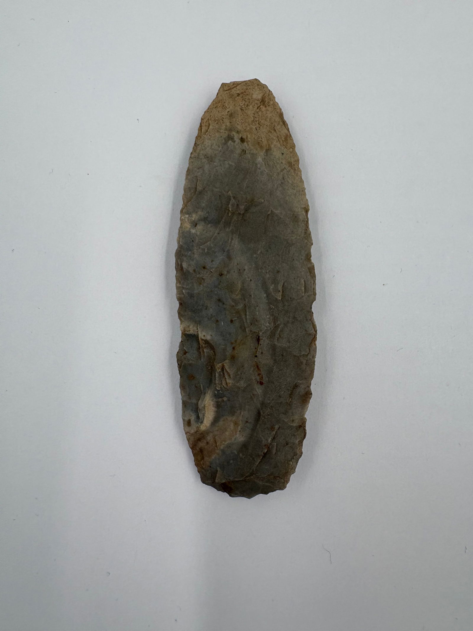 Sedalia: Elongated bifacial flaked stone projectile point measuring 3 3/4 inches. Narrow lanceolate profile with a tapered tip and slightly rounded basal end. Gray-to-brown coloration with pronounced flake