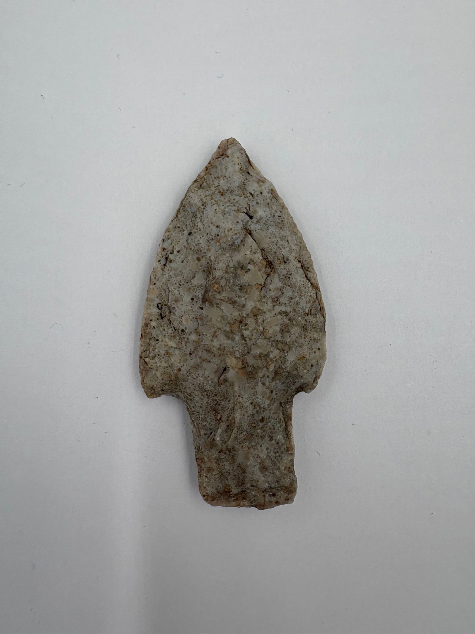 Kampsville: Light gray-beige chert projectile point with a pronounced stemmed base, measuring 2 1/2in. Surface exhibits granular texture with brown speckling and evident flake scars along the edges. One face has
