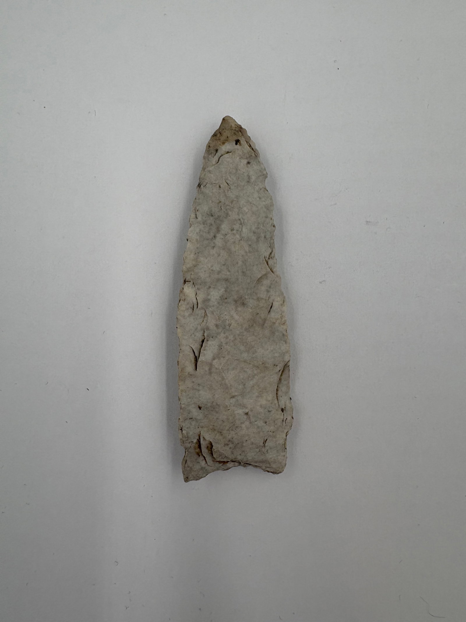 Dalton: Light gray flaked stone projectile point measuring 2 3/4 inches long, with an elongated leaf-shaped outline and a sharp, tapered tip. Bifacial flake scars and edge retouch are present along both