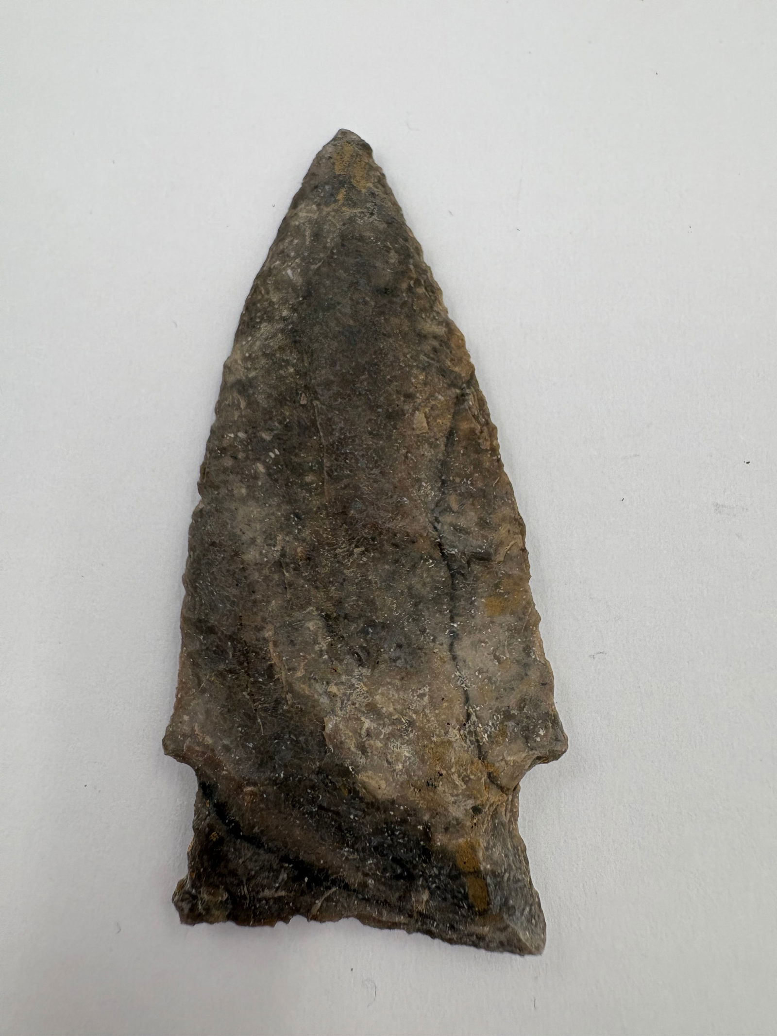 Scottsbluff: Gray-brown flaked stone projectile point with a narrow triangular blade, shallow side notches at the shoulders, and a slightly straight basal edge. Surface shows dark streaking and tan to ochre