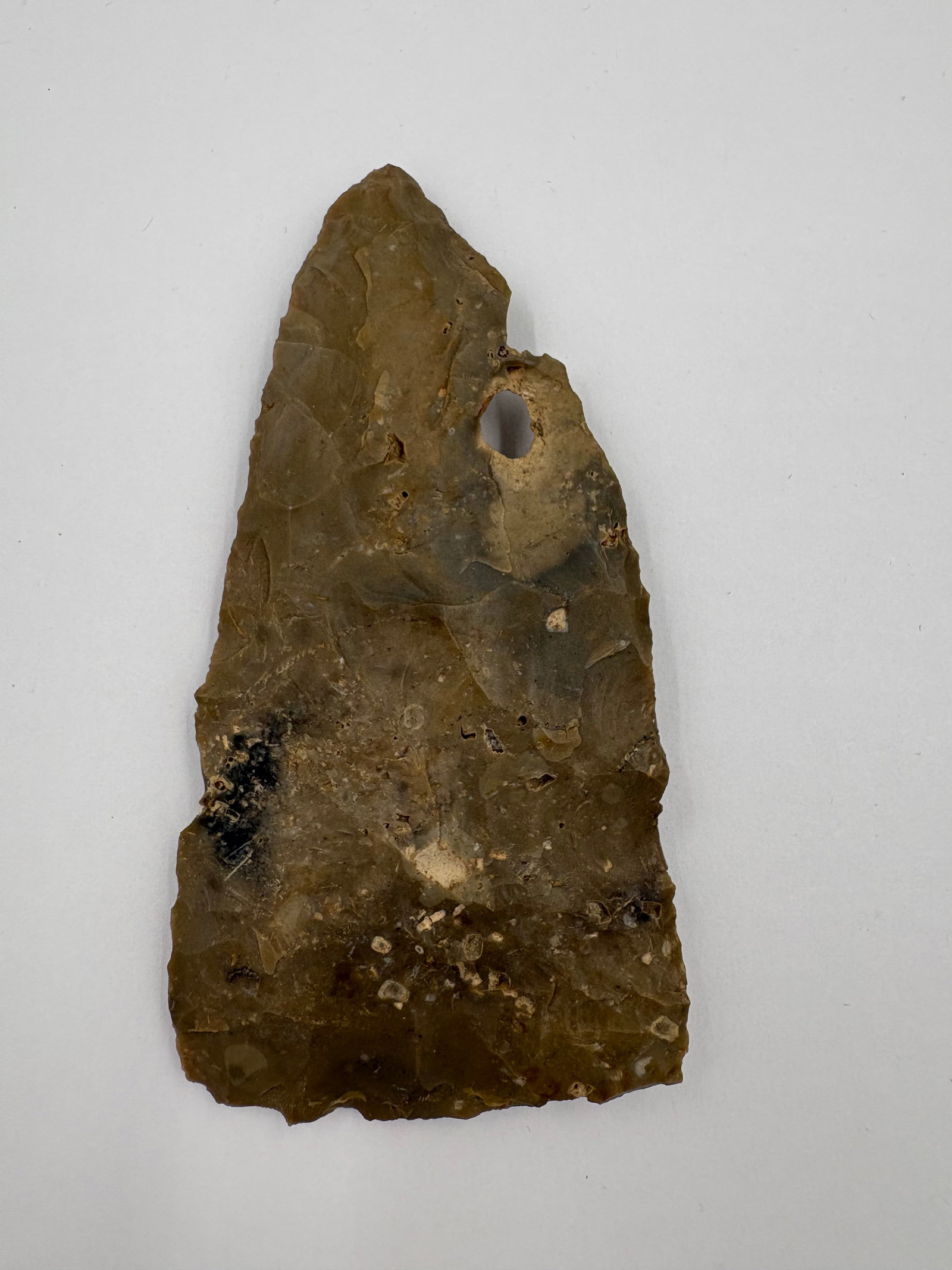 Stanfield: A bifacially flaked chert projectile point with a triangular, tapered blade measuring 4 inches. A near-shoulder perforation has rounded internal edges with tan infill, and the surfaces show prominent