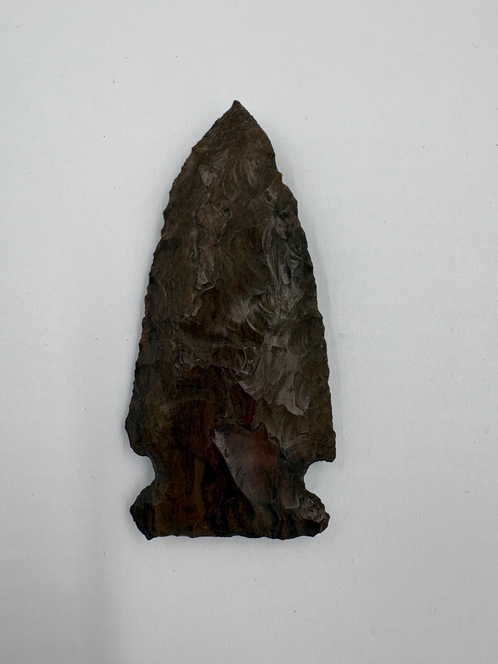 Turin: Dark brown flaked stone projectile point with pronounced bifacial flaking and large, overlapping flake scars across both faces. Tapered triangular blade narrows to a notched stem with basal ears for h