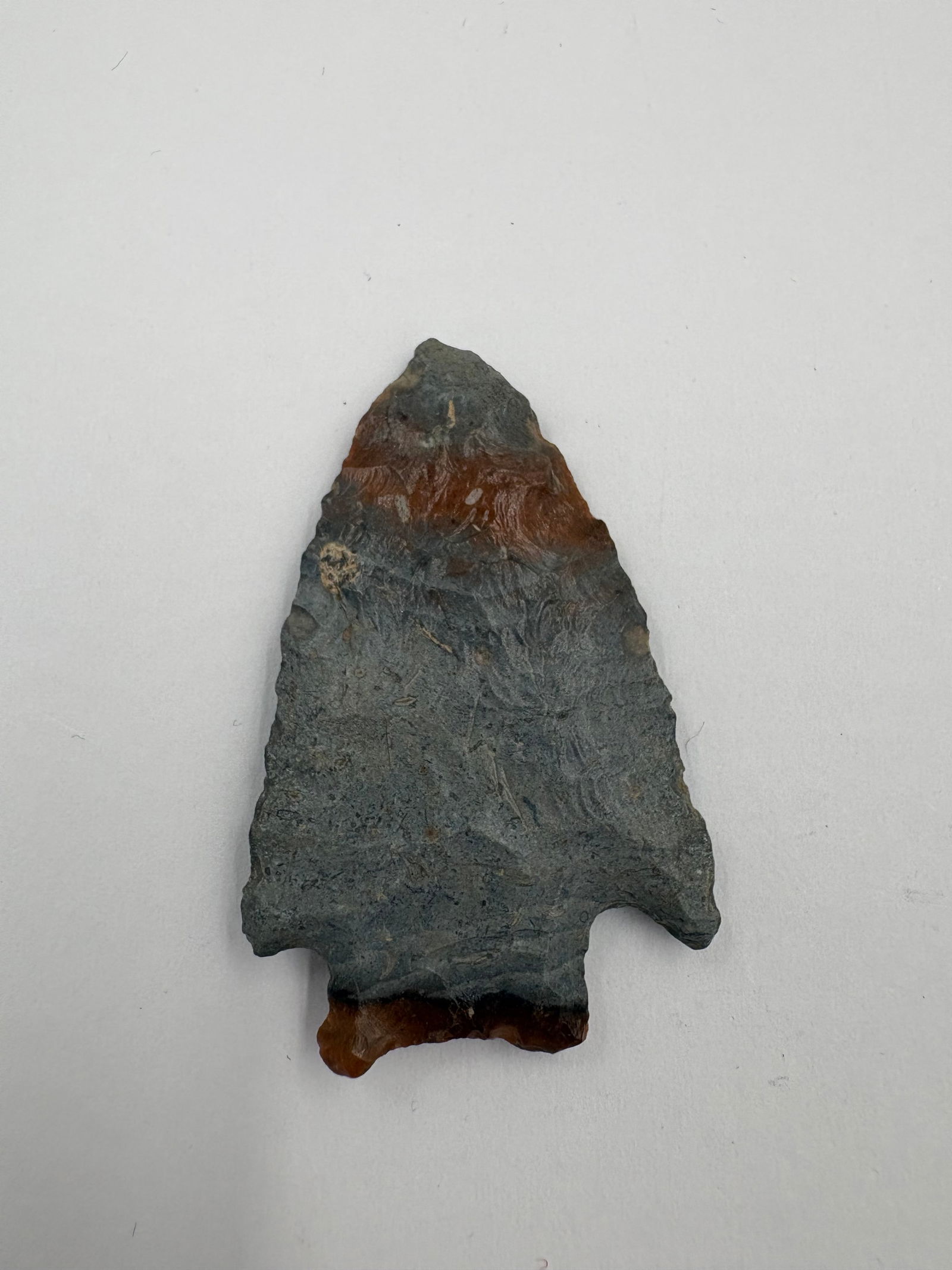 Stealth: Bifacially flaked stone projectile point with a triangular blade and short basal notches forming small ears. Dark gray-blue surface shows translucent brown-red areas at the tip and along the base,