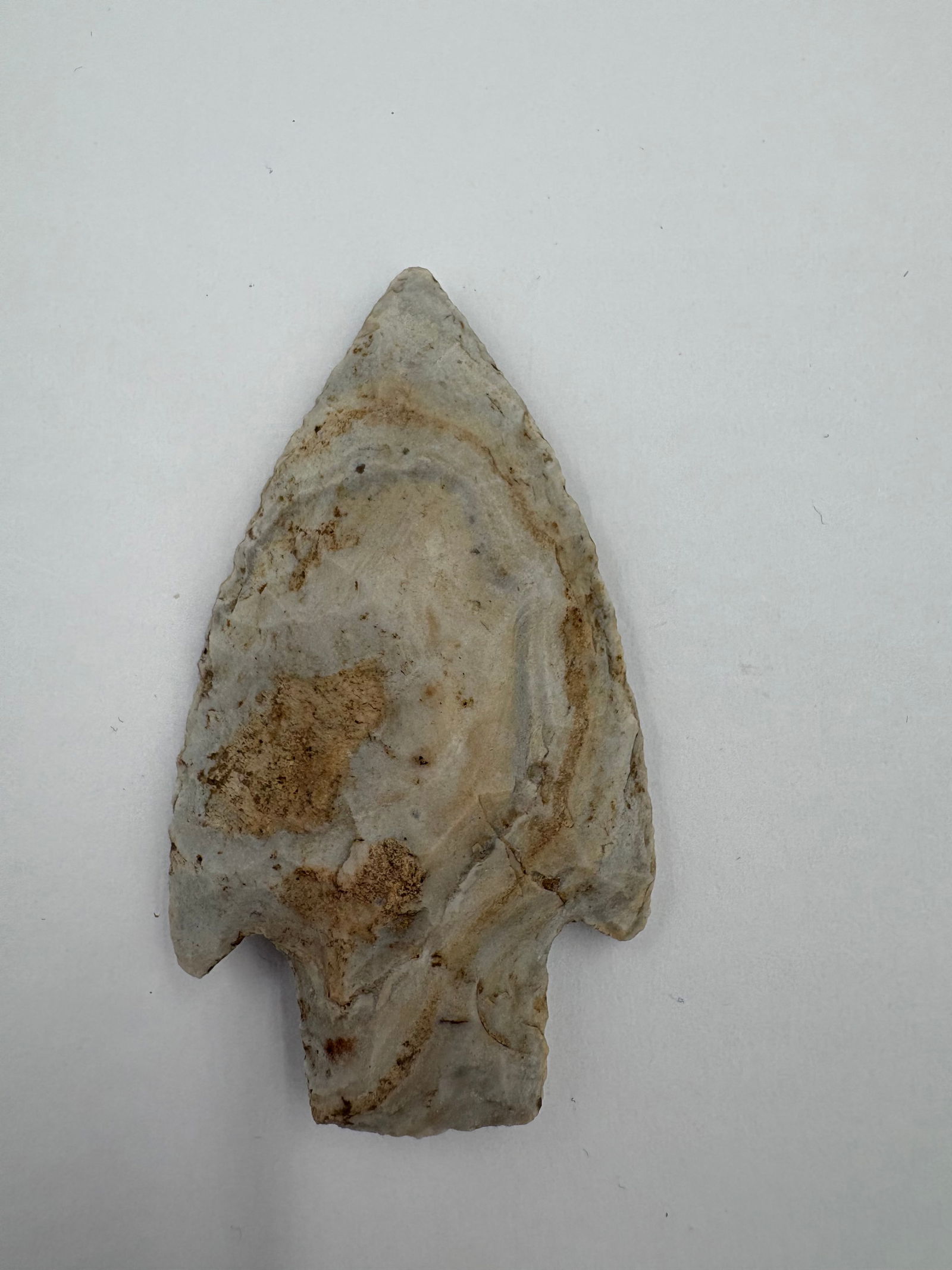 Big Creek: Flaked stone projectile point with a lanceolate blade, notched shoulders and a short stem, measuring 2 5/8 in. Light gray surface displays tan-brown mineral staining and pronounced flake scars on both