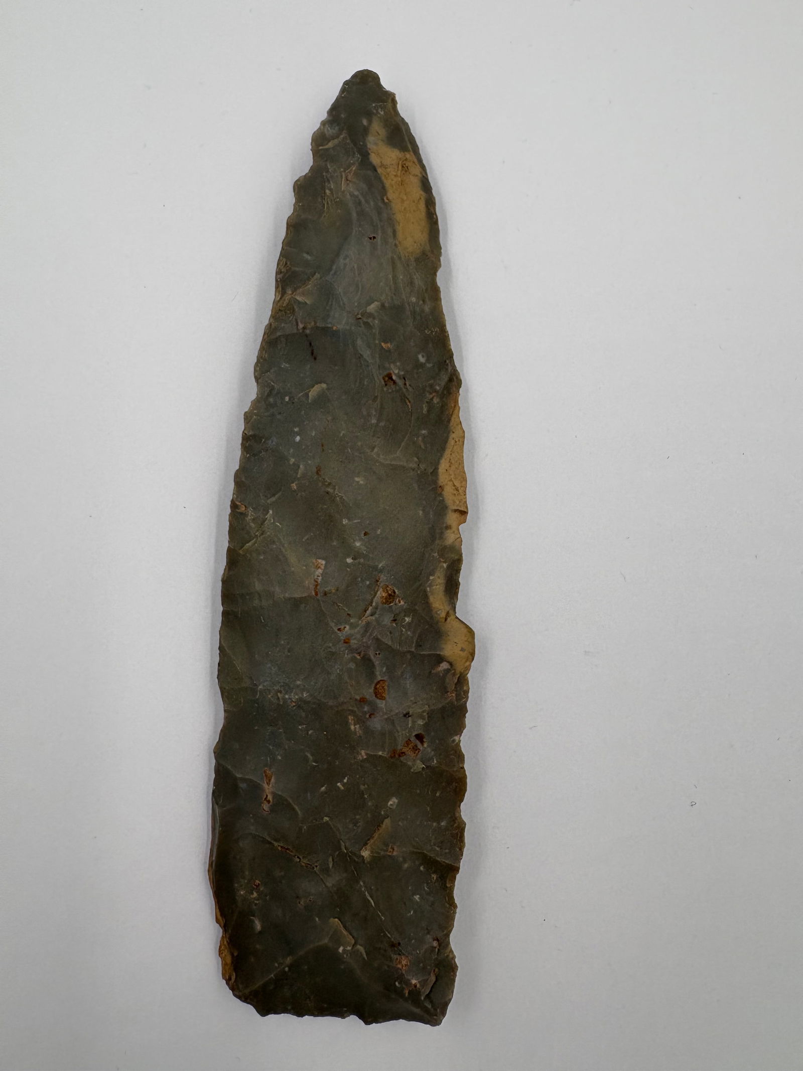 Stanfield, Reeds Spring chert: Reed's Spring chert biface with a long, narrow blade and pronounced bilateral flake scars. Surface displays gray-green coloration with tan cortex patches and scattered brown mineral staining along