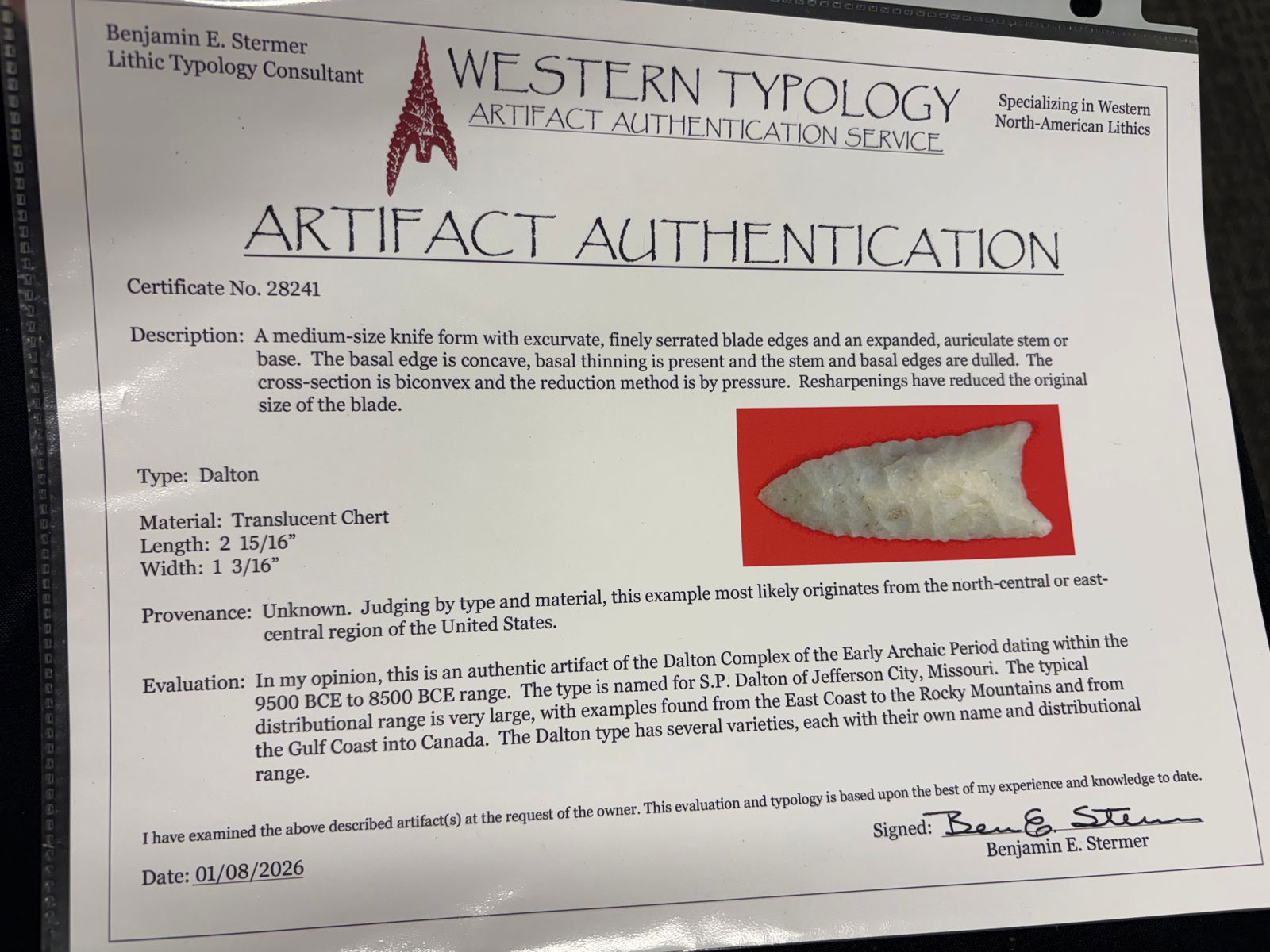 Dalton, Translucent Chert, Stermer COA - 8