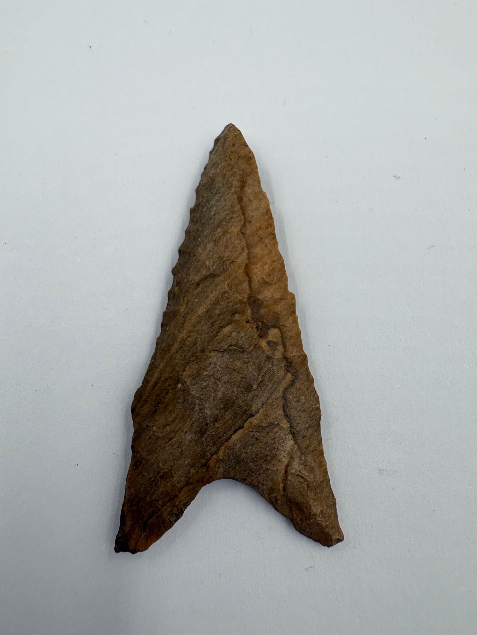 Meserve (Dalton Variant), Stermer, COA: Meserve-style Dalton-variant projectile point worked from variegated brown chert with a narrow triangular blade and pronounced basal notches forming a concave stem. Fine pressure flaking along the