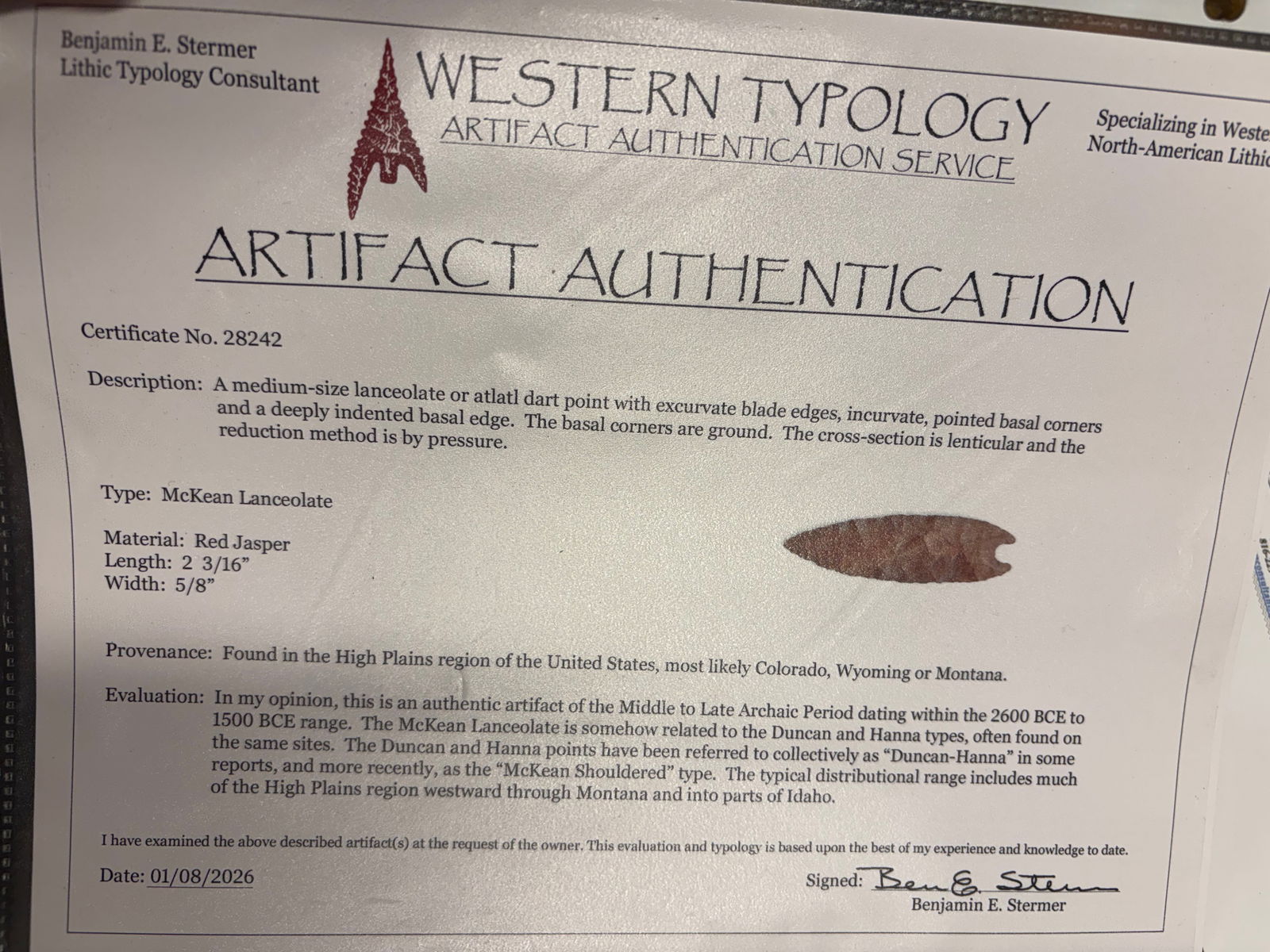 McKean Lanceolate, Stermer COA - 7