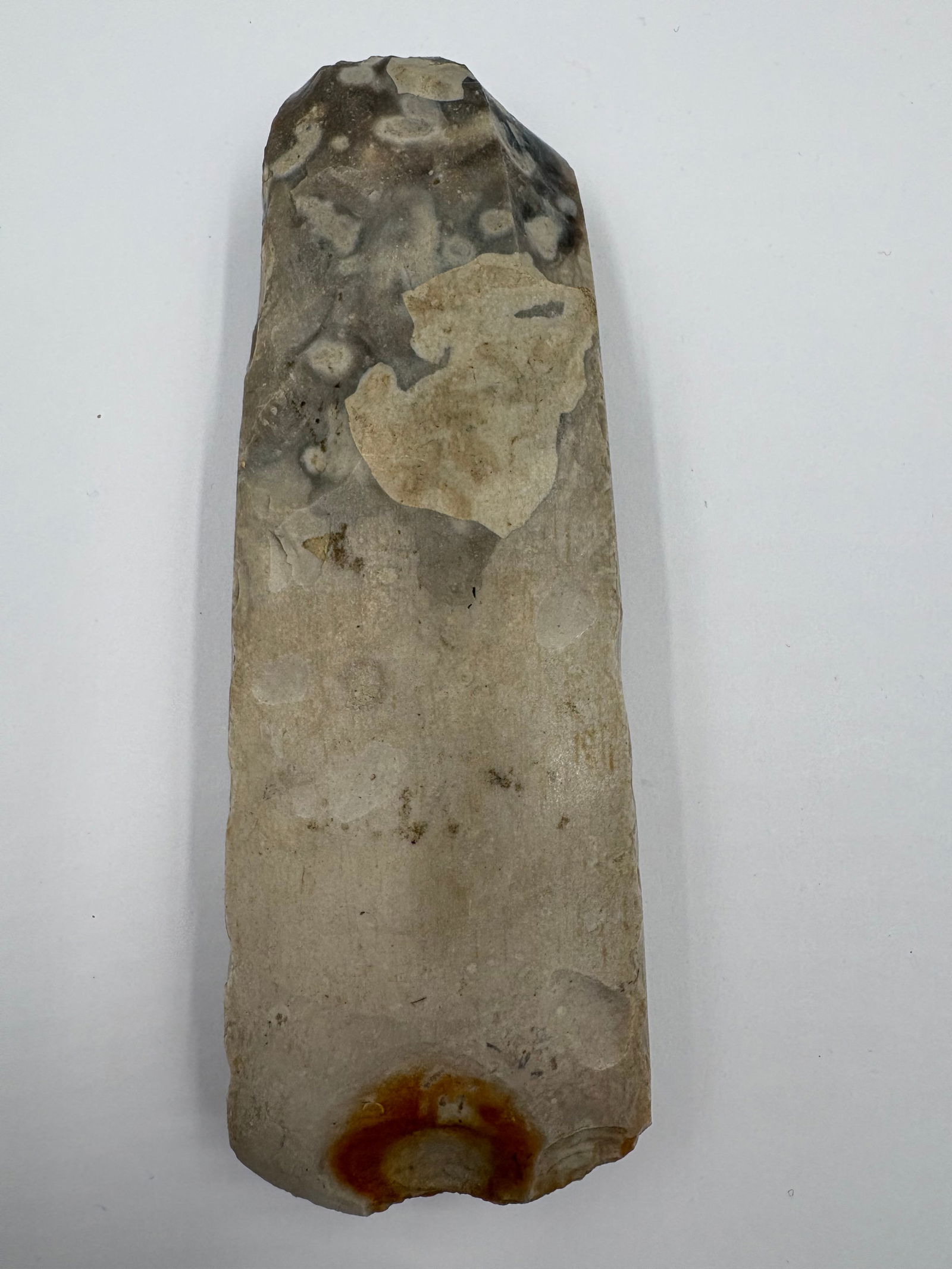 Danish Celt: Stone celt measuring 6in long with an elongated, flattened profile and a tapered, beveled edge. Beige-gray chert displays darker swirling banding and several lighter circular spots across the faces,