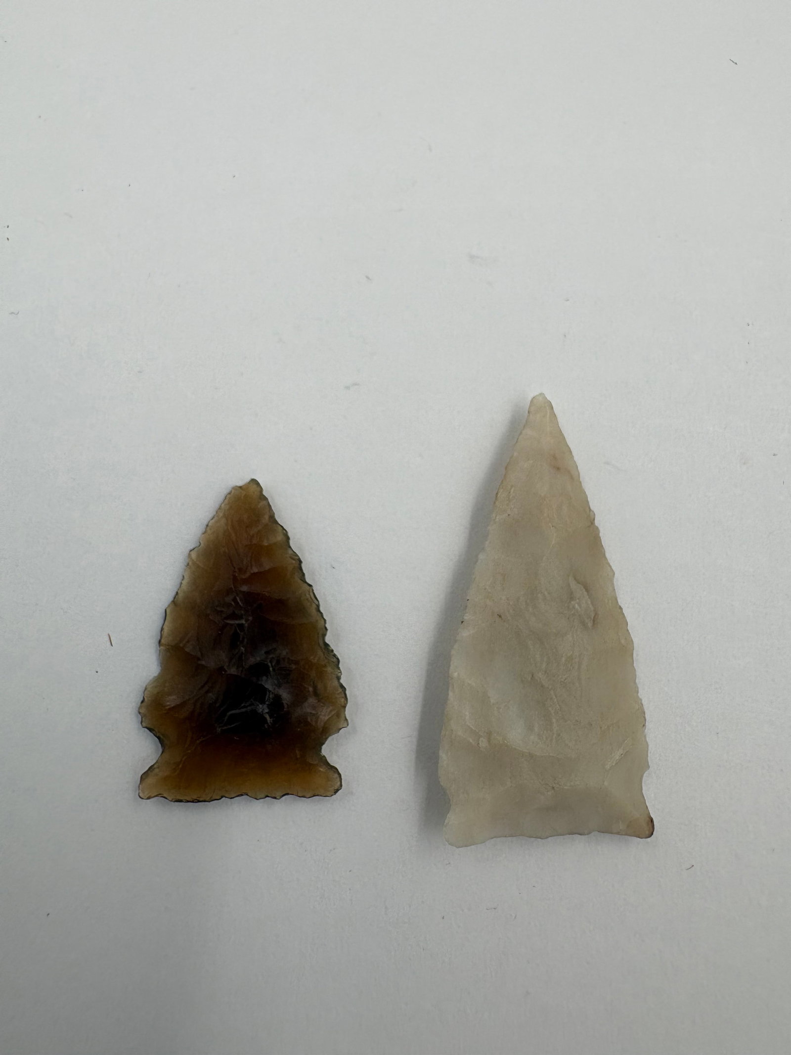 2 Avonlea Points, Motley COA: Pair of Avonlea-style projectile points, one crafted from translucent brown Knife River flint and the other from pale cream petrified wood, measuring 1 3/8 in and 1 in. Both pieces feature fine