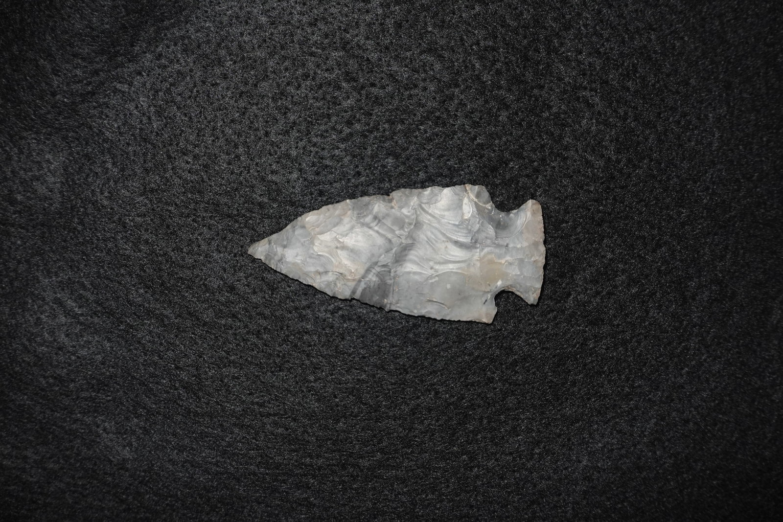 Grand: Gray chert projectile point with bifacial pressure flaking and a distinct notched base. Curved flake scars cover both faces and small patches of mineral encrustation are present on the surface. Edges 