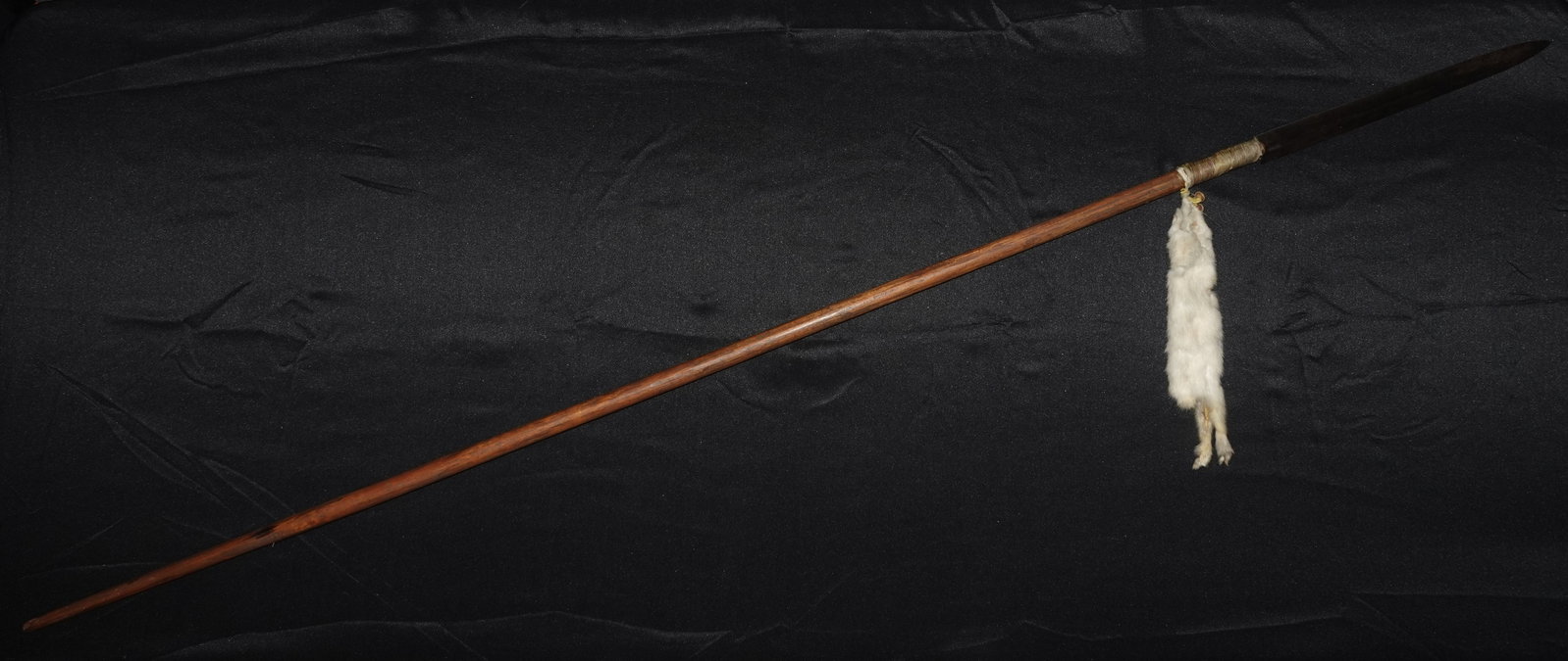 Plains Indian Lance: Long wooden lance with a leaf-shaped metal blade secured to the shaft by tight sinew wrapping at the socket. A white ermine pelt is attached near the blade alongside small metal bell charms. The wood