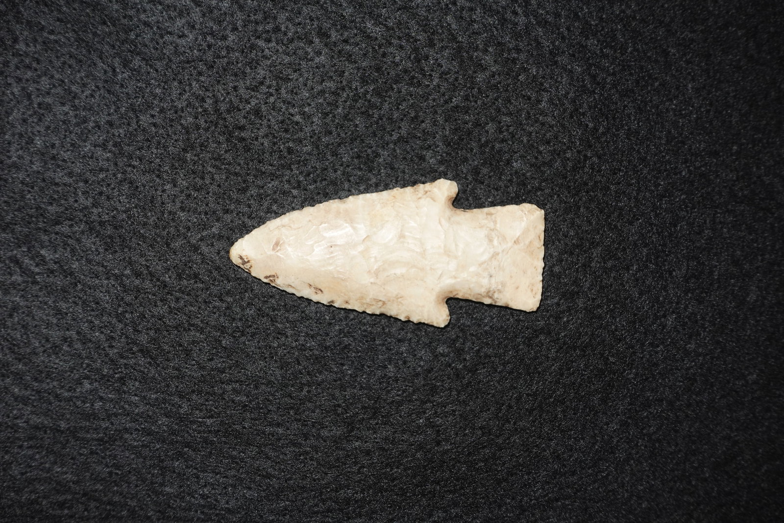 Hardin: Light cream-to-tan flaked stone projectile point with a broad triangular blade and a notched stem. Fine bifacial flaking and serrated marginal retouch run along the blade edges, and the basal area dis