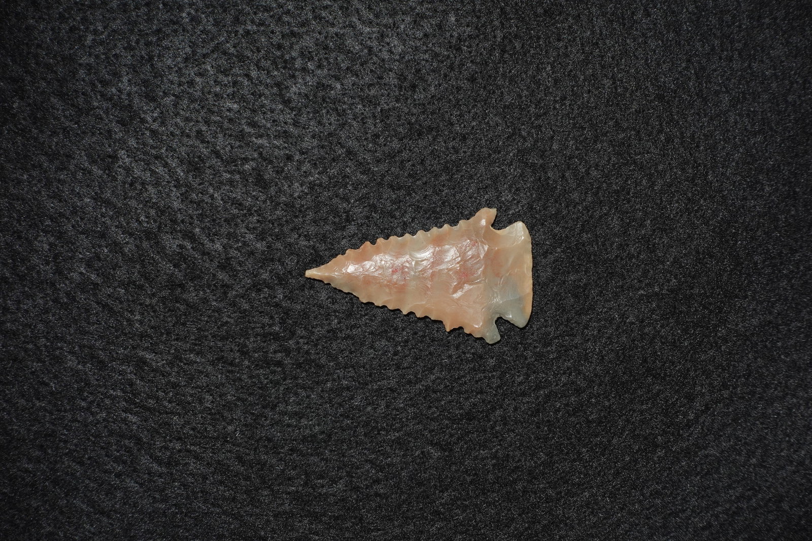 Pinetree: Hand-knapped triangular projectile point crafted from translucent pale pink-beige flaked stone. One edge features pronounced serrated notches and the base has distinct hafting notches; overlapping