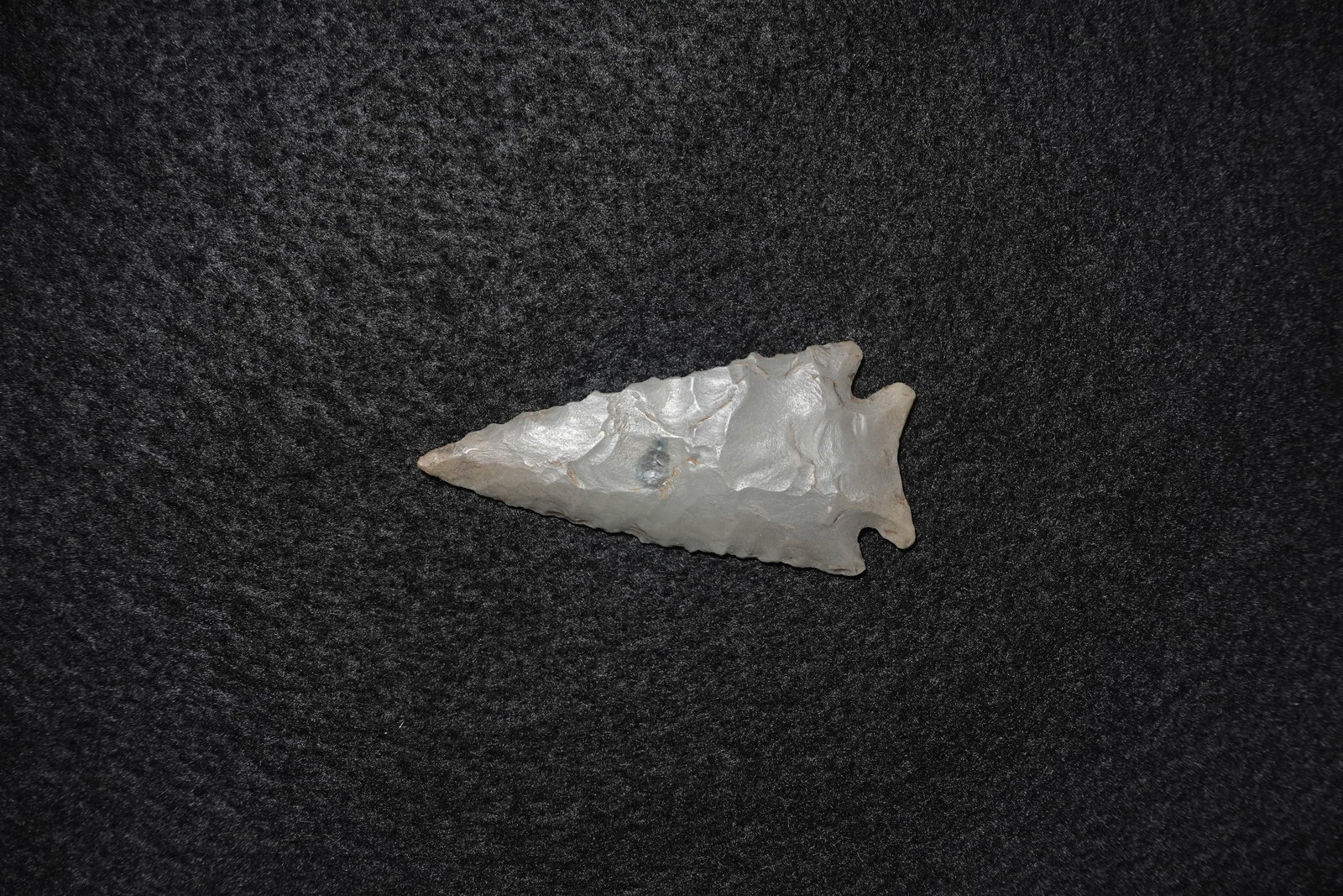 Pinetree: Light gray translucent flaked stone projectile point with pronounced bifacial flaking and serrated blade edges. Notched basal stem and a small dark mineral inclusion on one face, with a subtle sheen