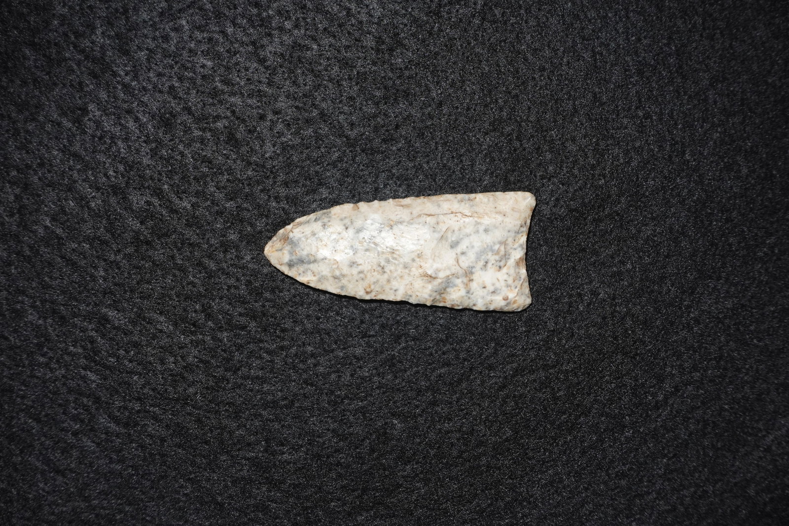 Clovis: Lanceolate bifacial projectile point fashioned from light cream-to-gray mottled Alibates chert. Both faces exhibit flake removals and pressure-retouched edges terminating in a tapered tip with a
