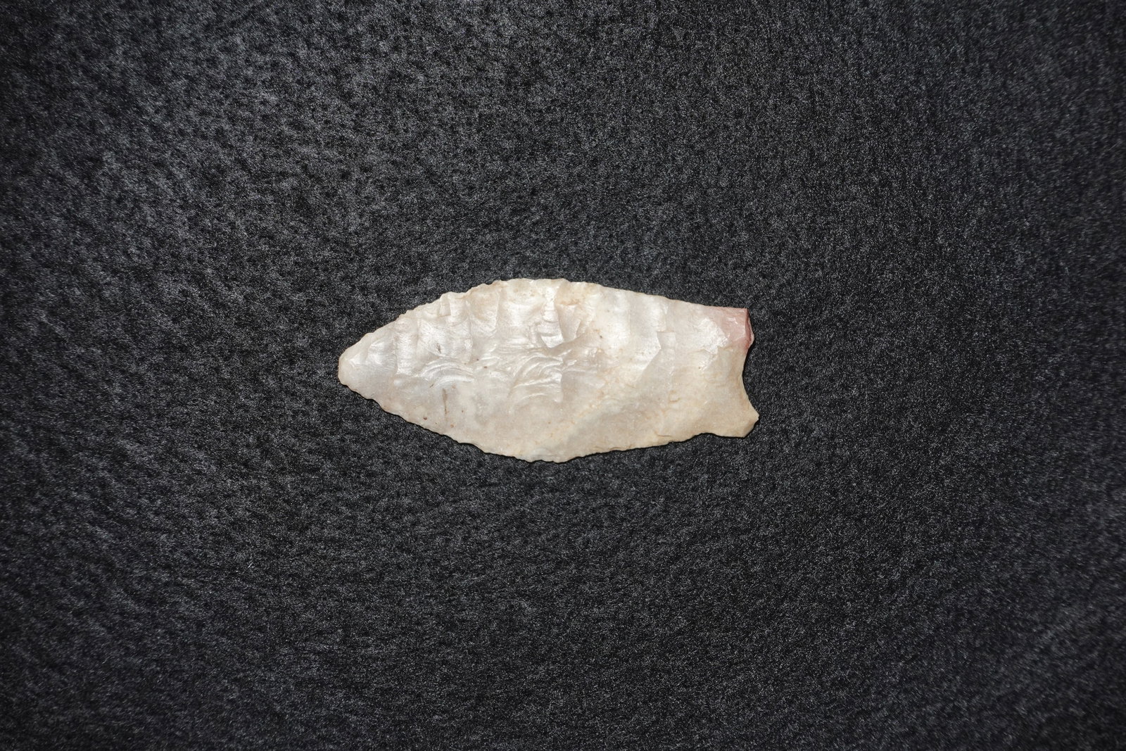Quad: Projectile point made from light tan to creamy-pink stone with bifacial flake scars forming an elongated, leaf-shaped blade. Fine pressure flaking along the margins creates a serrated edge and the