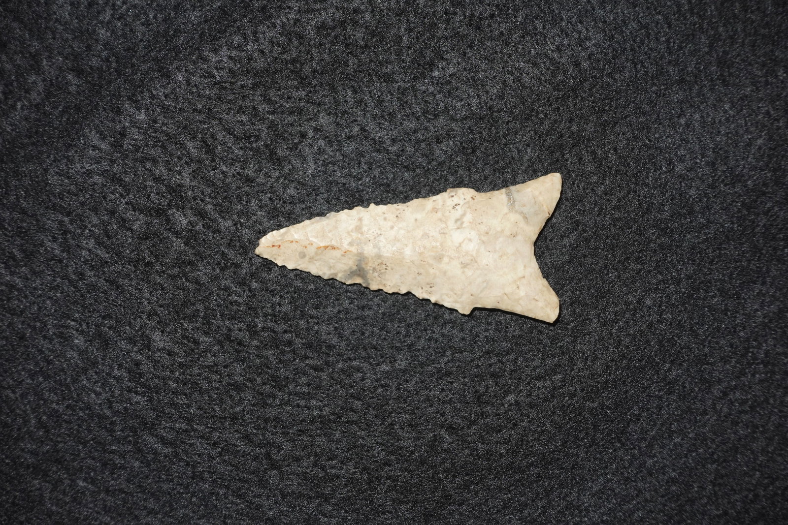 Dalton: Light tan stone projectile point with a broad triangular blade and a pronounced notched base forming a stem. Bifacial flaking along the blade creates serrated edges and visible flake scars; surface