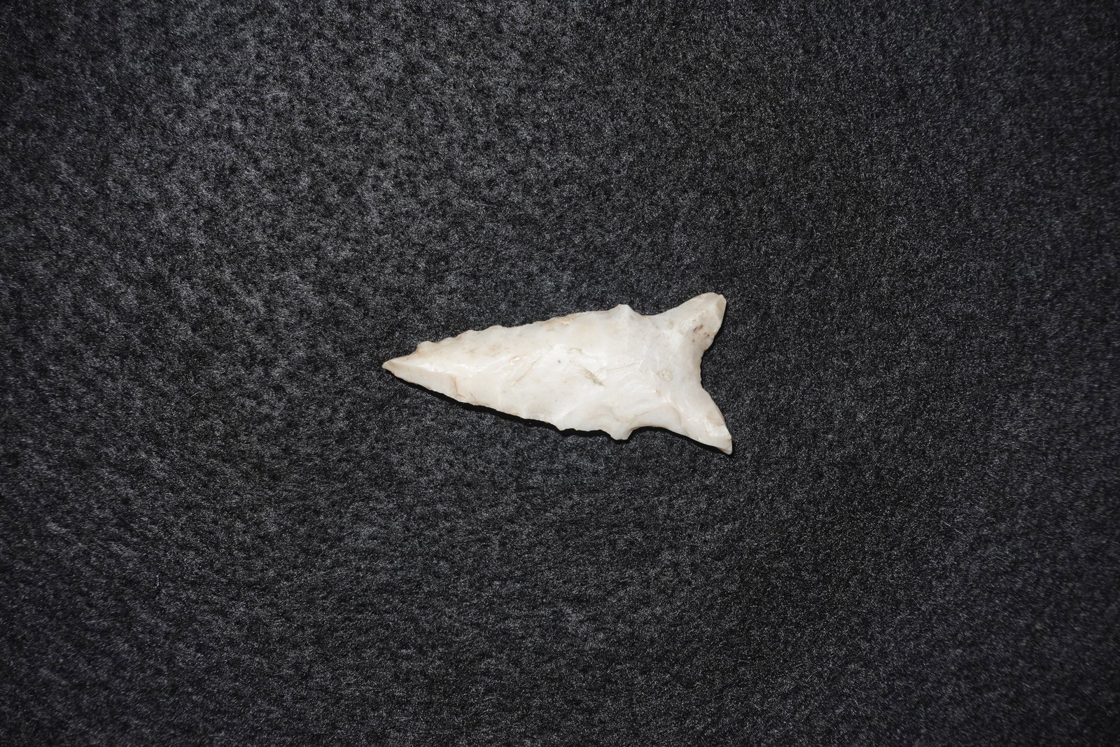 Dalton: White-to-cream flaked stone projectile point with an elongated triangular blade and pronounced basal notches that form an eared stem. Bifacially worked with evident flake scars and fine edge retouch
