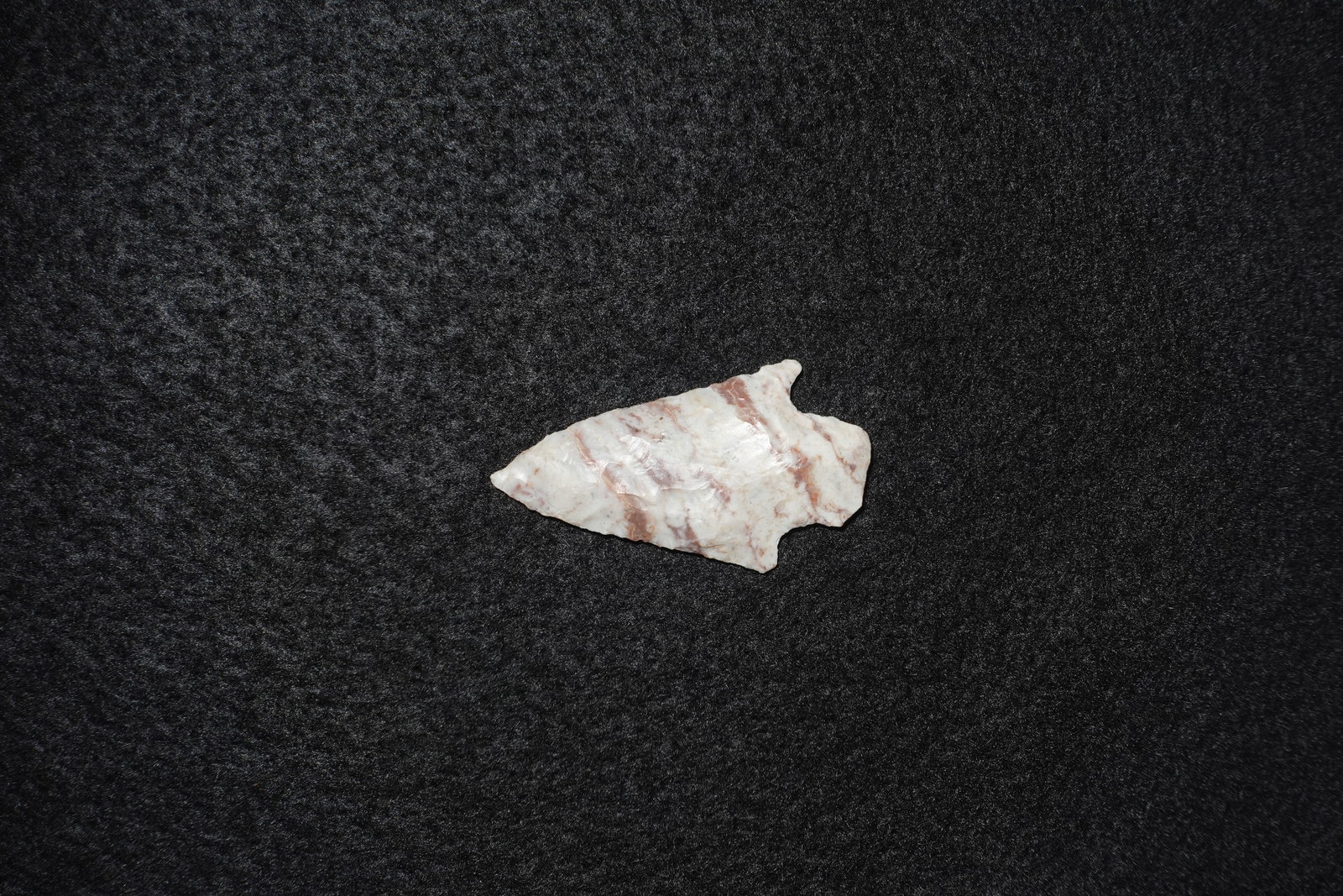 Petrified Wood Stemmed Point: Stemmed point crafted from pale, translucent petrified wood with cream and reddish-brown banding. Narrow triangular blade exhibits fine pressure-flake retouch and stepped flake scars on both faces,