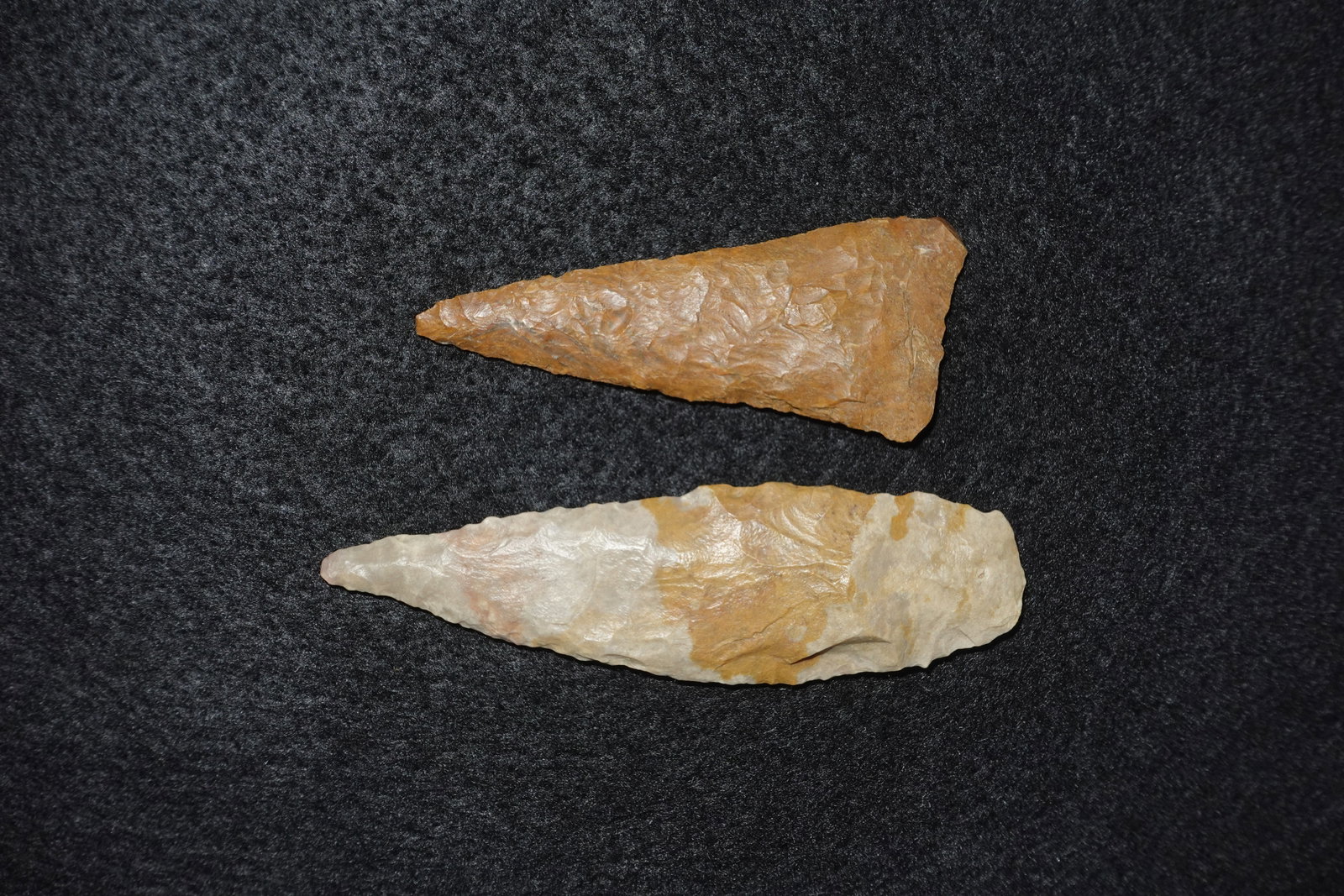 2 Petrified Wood Blades: Two blades made from petrified wood, each worked into a long, tapered lanceolate form. One example shows a rusty-brown patina with pronounced flake scars and a pointed tip; the other displays creamy