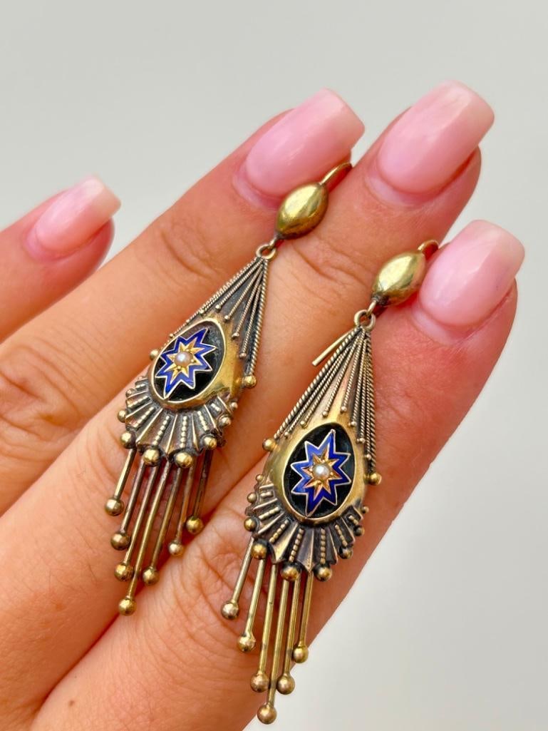 Victorian 18 Carat Gold and Enamel Drop Earrings in antique box (1 of 6)