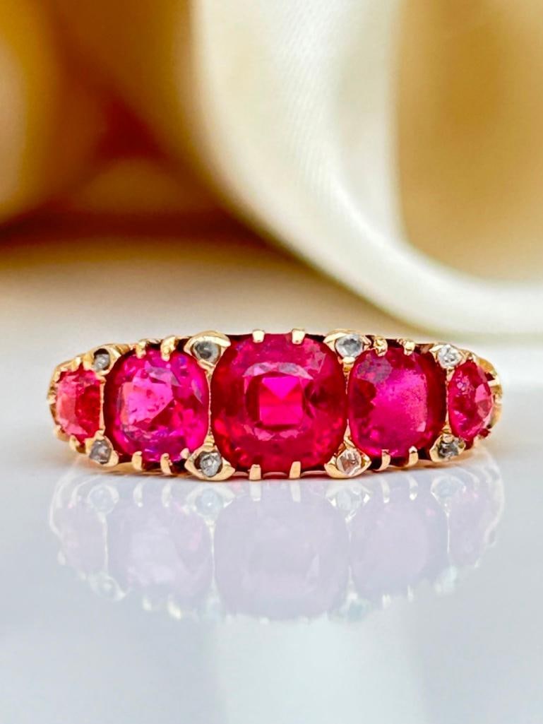 Chunky Antique Ruby and Diamond 5 Stone Ring in 18ct Yellow Gold (1 of 8)