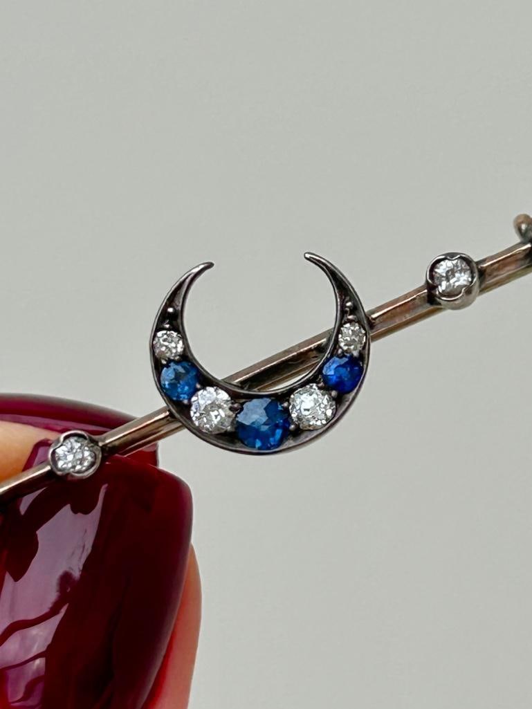 Antique Gold Sapphire and Diamond Crescent Bar Brooch in Antique Box (1 of 5)