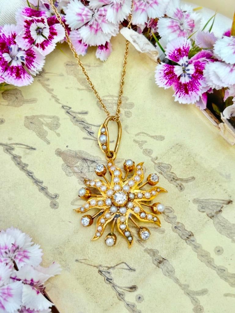 Antique Gold Diamond and Pearl Star / Sunburst Pendant on Chain (1 of 8)